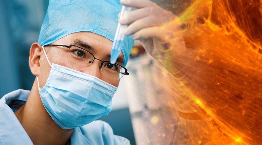 Photo collage of a virus and a doctor looking at a test tube